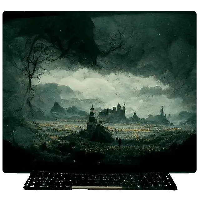 An illustration of a styled computer showing the image of a fantastical landscape, with heavy clouds, a dark flying tree, and a castle at the center