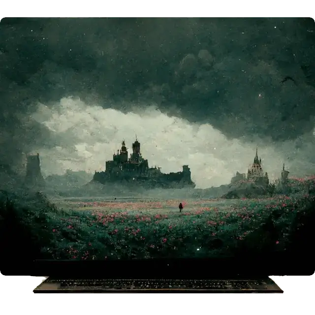 An illustration of a styled computer showing the image of a fantastical landscape, with heavy clouds and a castle at the center