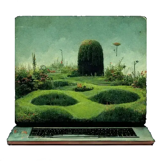 An illustration of a styled laptop showing the image of a unusual garden